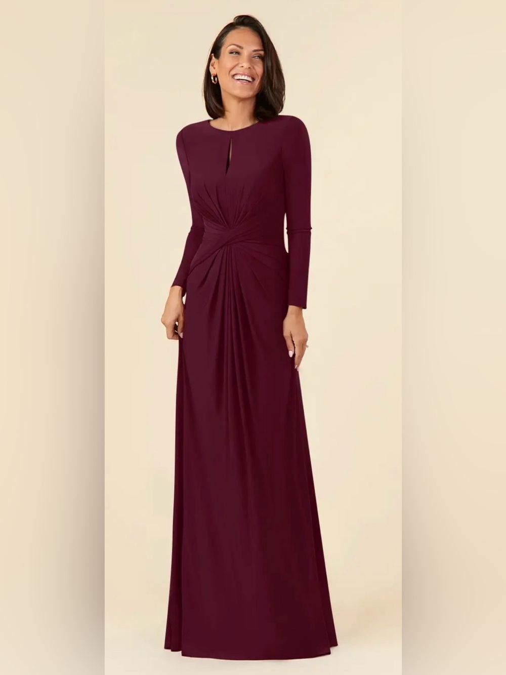 Azazie Stunnning Long Sleeve Burgundy Twist-Front Evening Dress
